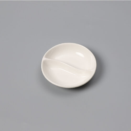 4“ White Ceramic Round Sauce Dish, Divided