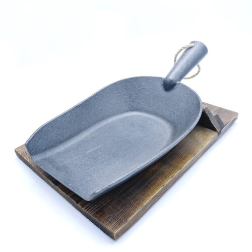 Cast Iron Serving Tray w/Wooden Trivet, Large Round Shovel, 6