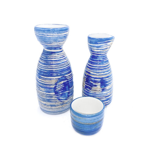 Sake Bottle & Cup, Blue Ripple, Various Sizes