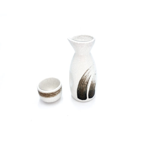Sake Bottle and Cup, White w/Ink Strokes