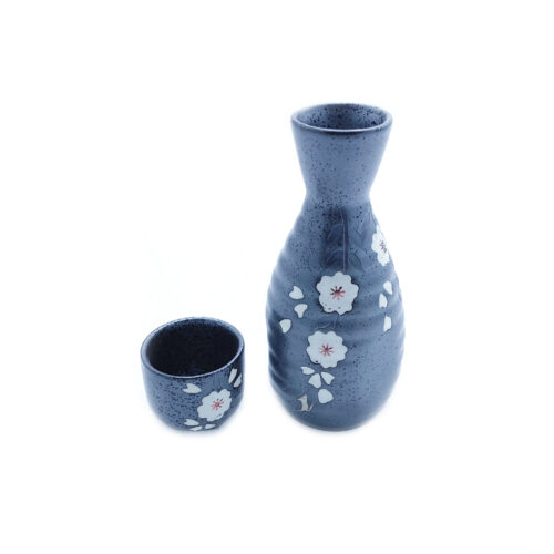 Sake Bottle & Cup, Metallic Finish w/Sakura Design