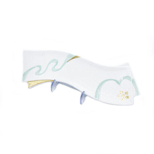White Ribbon-Shaped Long Plate w/Green & Gold Accent, Various Sizes